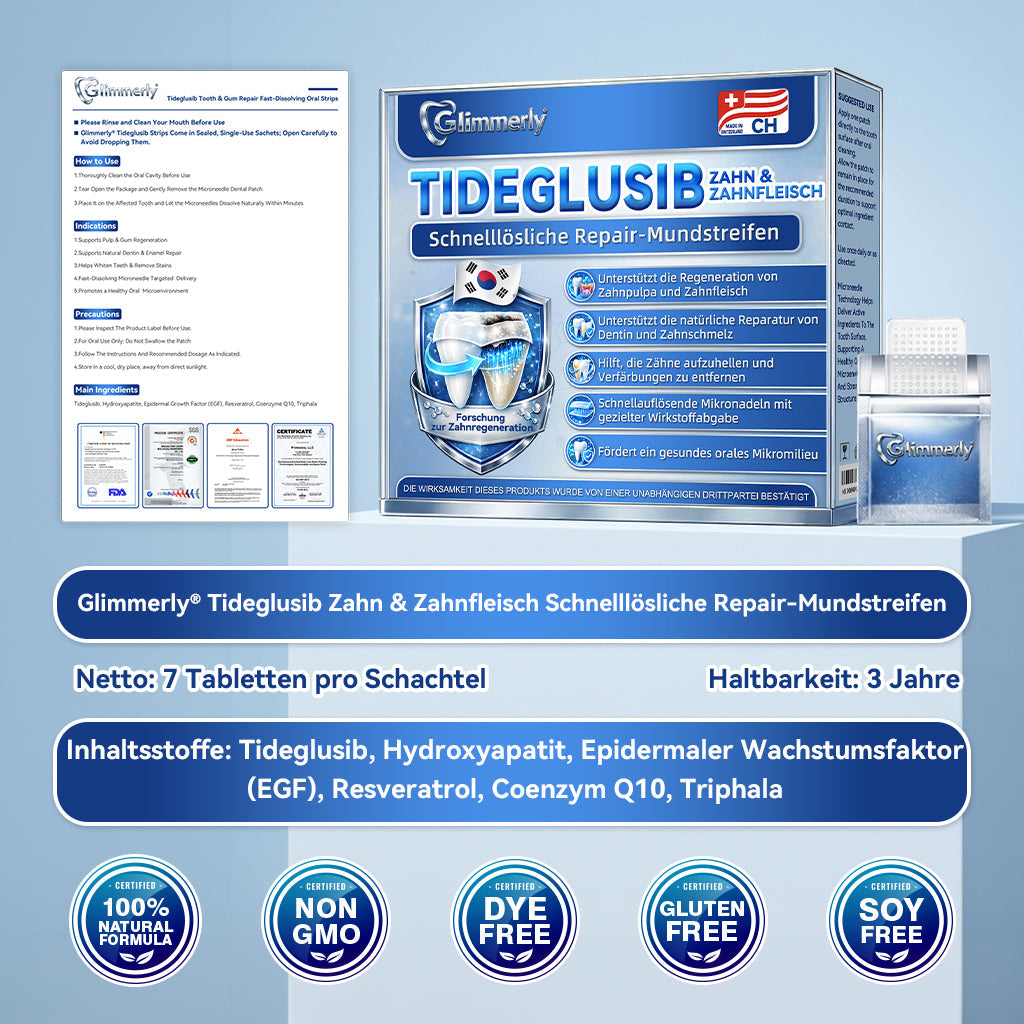 𝐺𝑙𝑖𝑚𝑚𝑒𝑟𝑙𝑦® Tideglusib Zahn & Zahnfleisch Schnelllösliche Repair-Mundstreifen