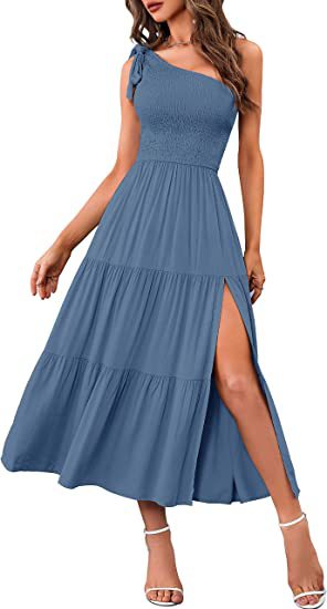 2025 New Summer Fashion Women's One-shoulder Pleated Layered Hem Split Dress