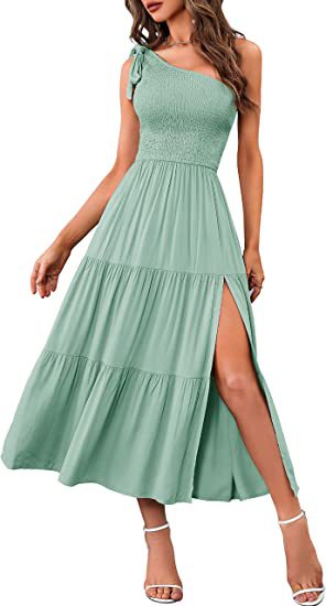 2025 New Summer Fashion Women's One-shoulder Pleated Layered Hem Split Dress